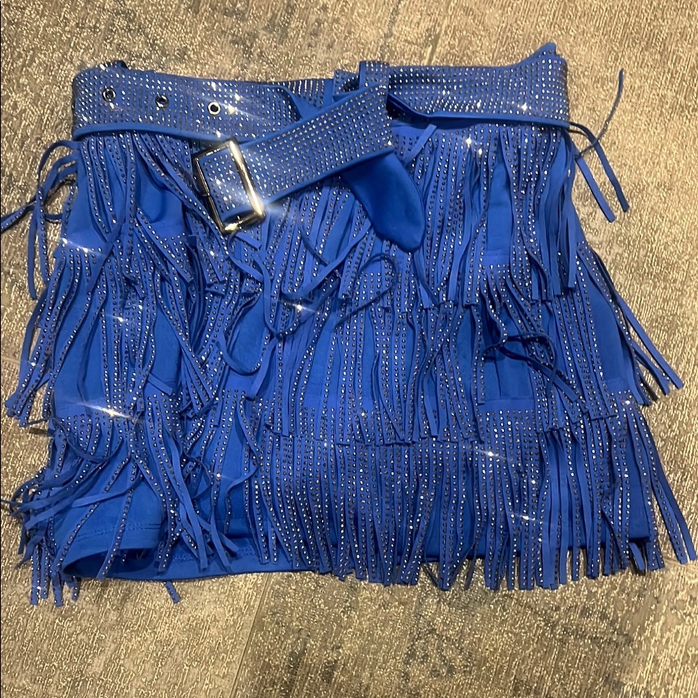 Nylon Apparel- Blue Fringe Skirt with Rhinestones size S